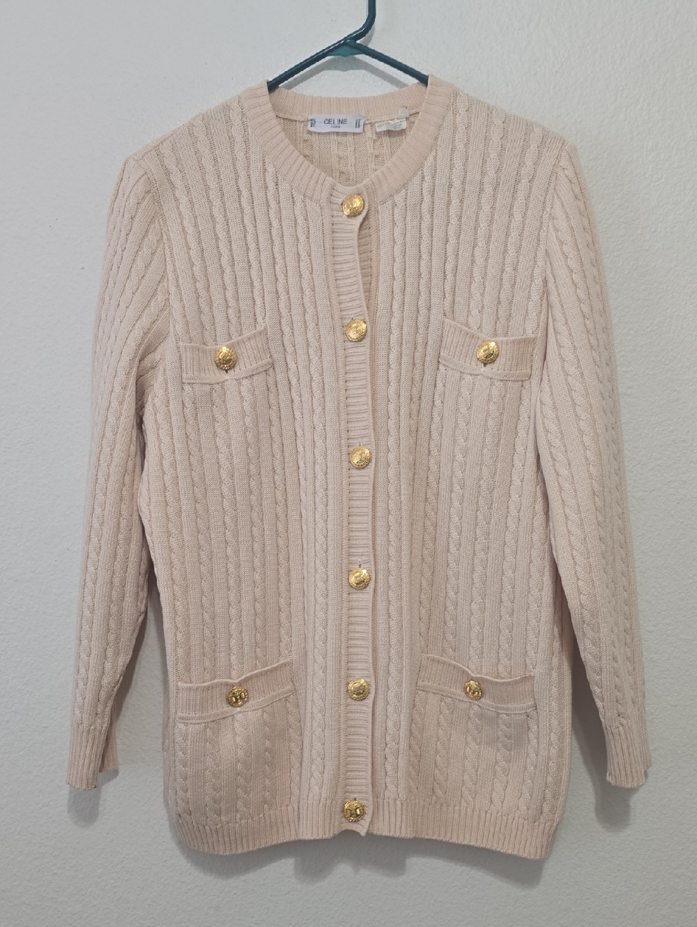 Celine Cream Cable-Knit Cardigan with Gold Buttons
